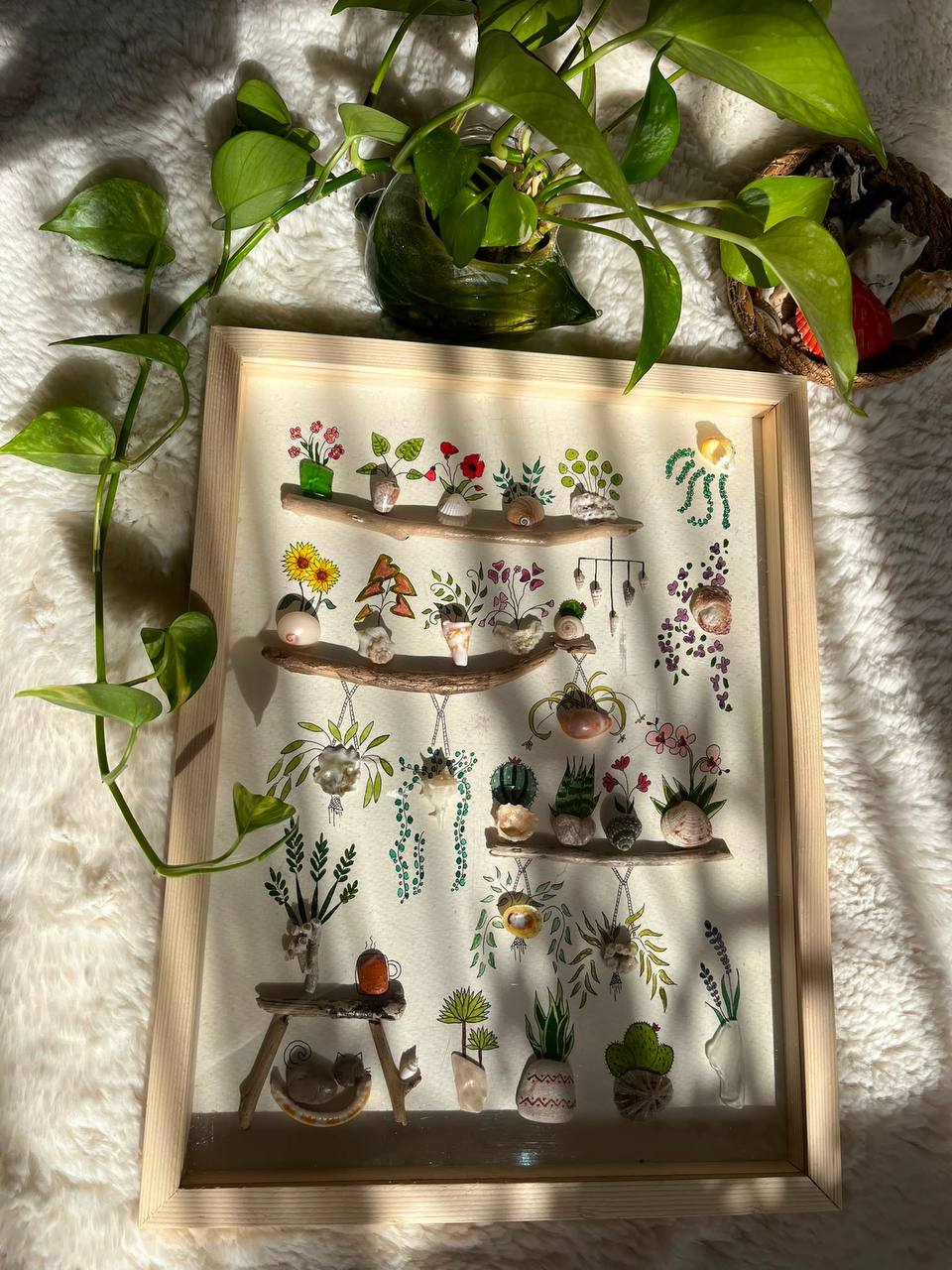 A framed botanical mixed-media artwork made with hand drawing, shells and driftwood